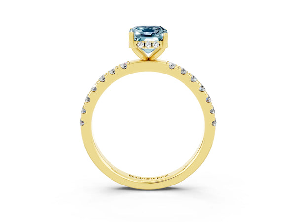 Yellow gold Emerald Cut Aquamarine Pave Band Solitaire Ring with Round  and Prong Setting