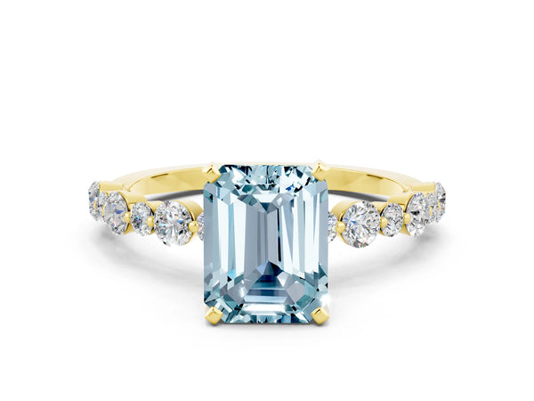 Yellow gold Emerald Cut Aquamarine Prong Set Engagement Ring with Pavé Band