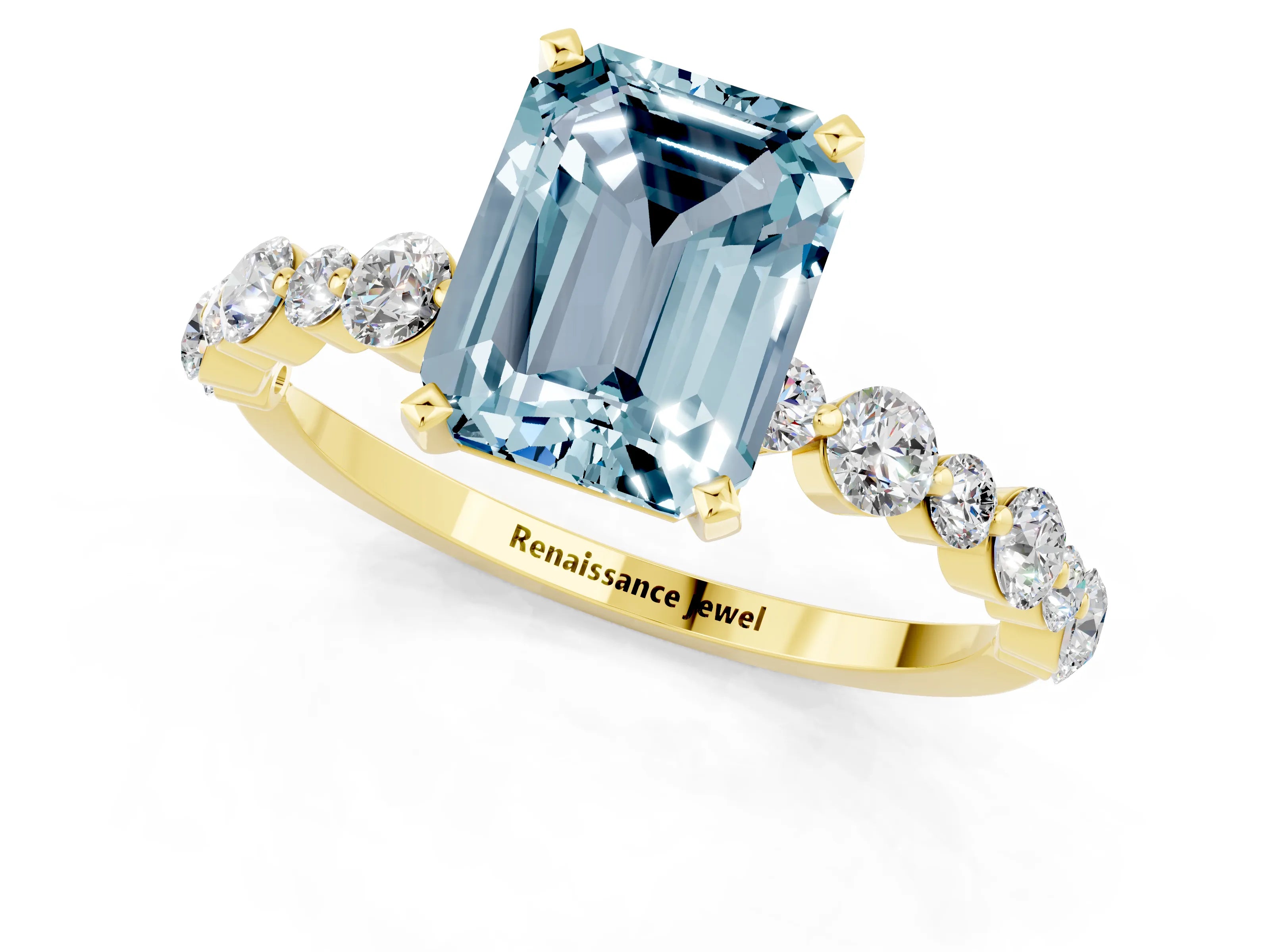 Yellow gold Emerald Cut Aquamarine Prong Set Engagement Ring with Pavé Band_1