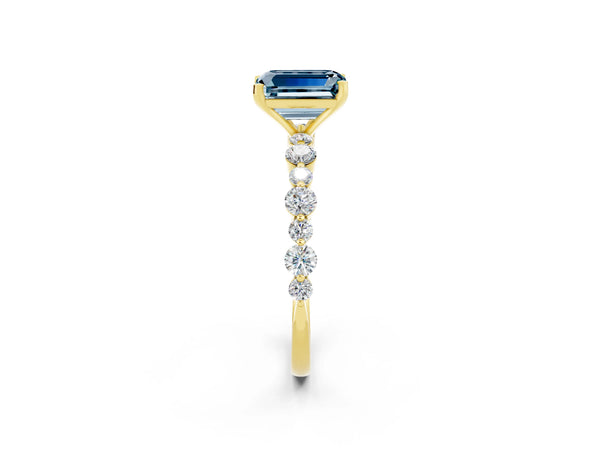 Yellow gold Emerald Cut Aquamarine Prong Set Engagement Ring with Pavé Band
