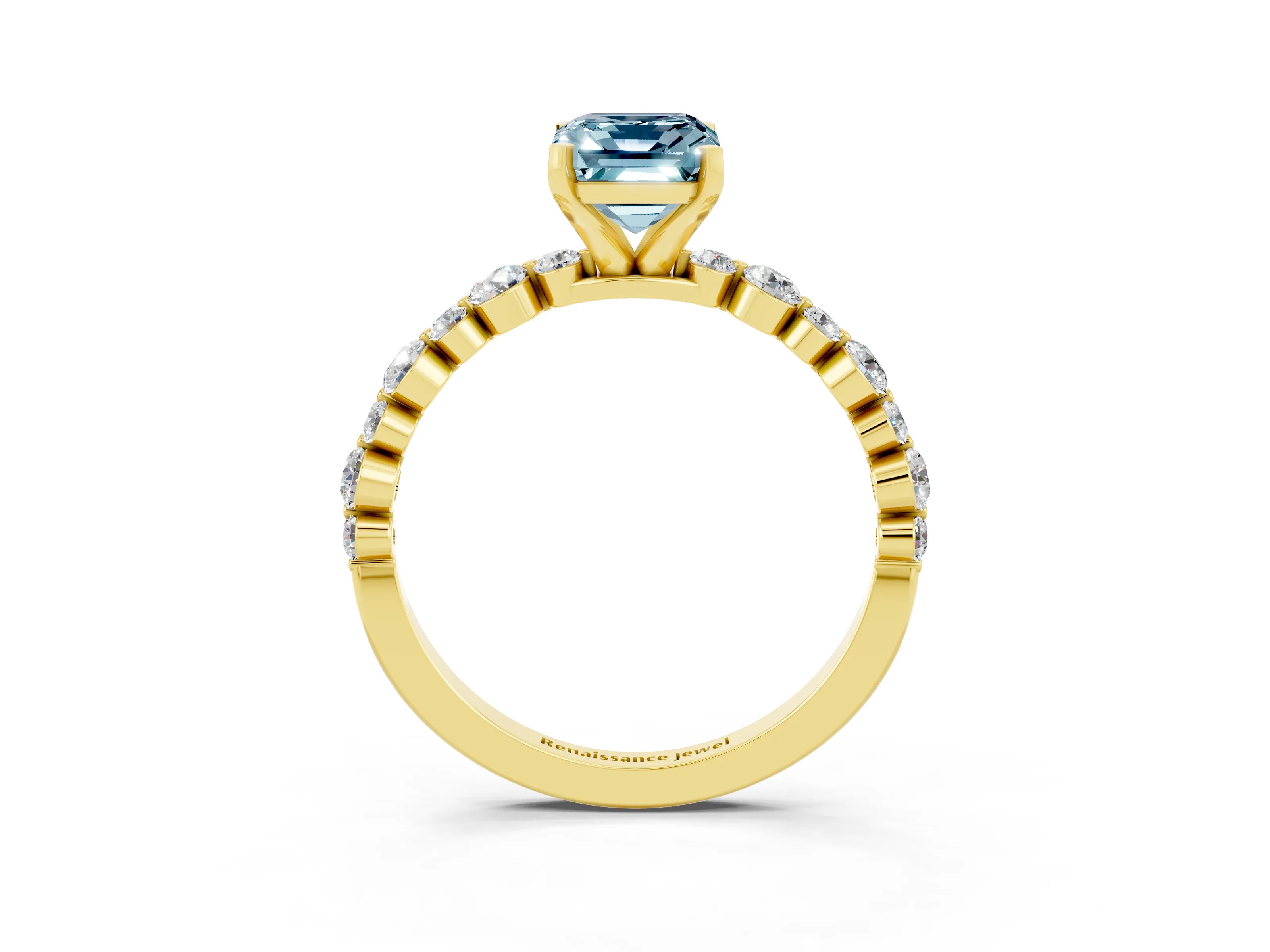 Yellow gold Emerald Cut Aquamarine Prong Set Engagement Ring with Pavé Band_3