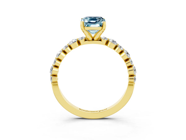 Yellow gold Emerald Cut Aquamarine Prong Set Engagement Ring with Pavé Band