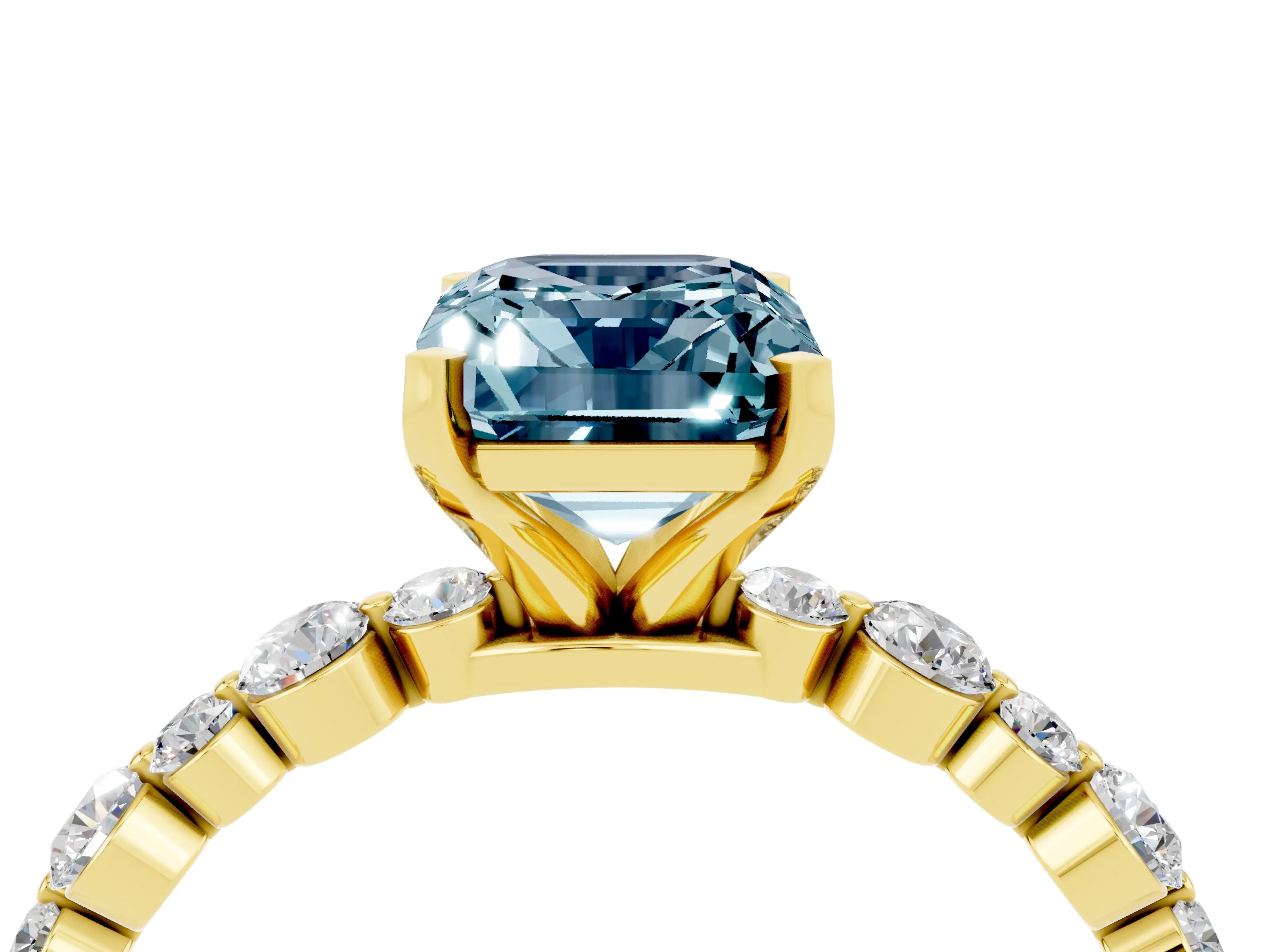 Yellow gold Emerald Cut Aquamarine Prong Set Engagement Ring with Pavé Band_4