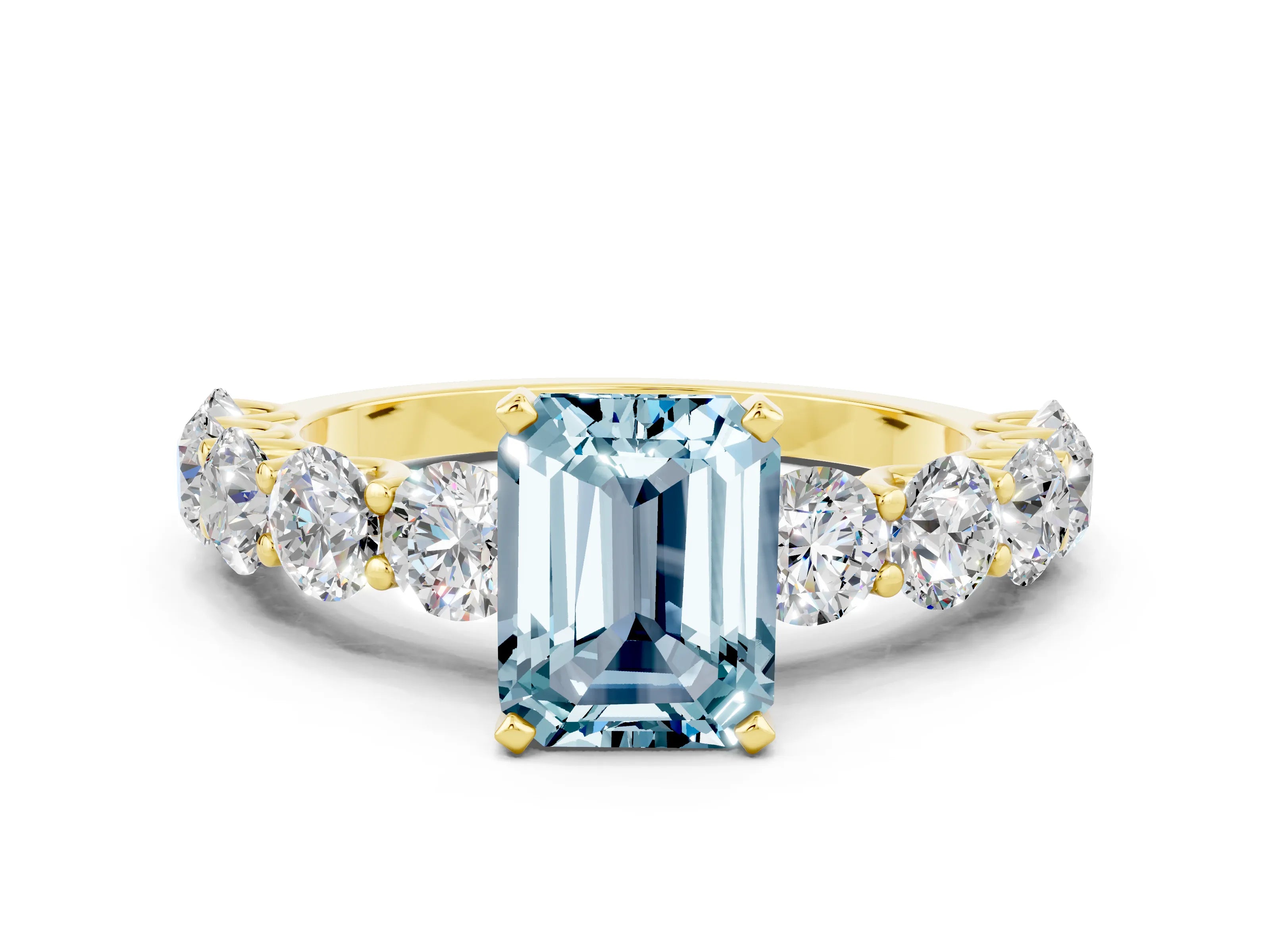 Yellow gold Emerald Cut Aquamarine Prong Setting with Side Stones on a Pave Band