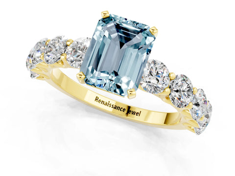 Yellow gold Emerald Cut Aquamarine Prong Setting with Side Stones on a Pave Band_1