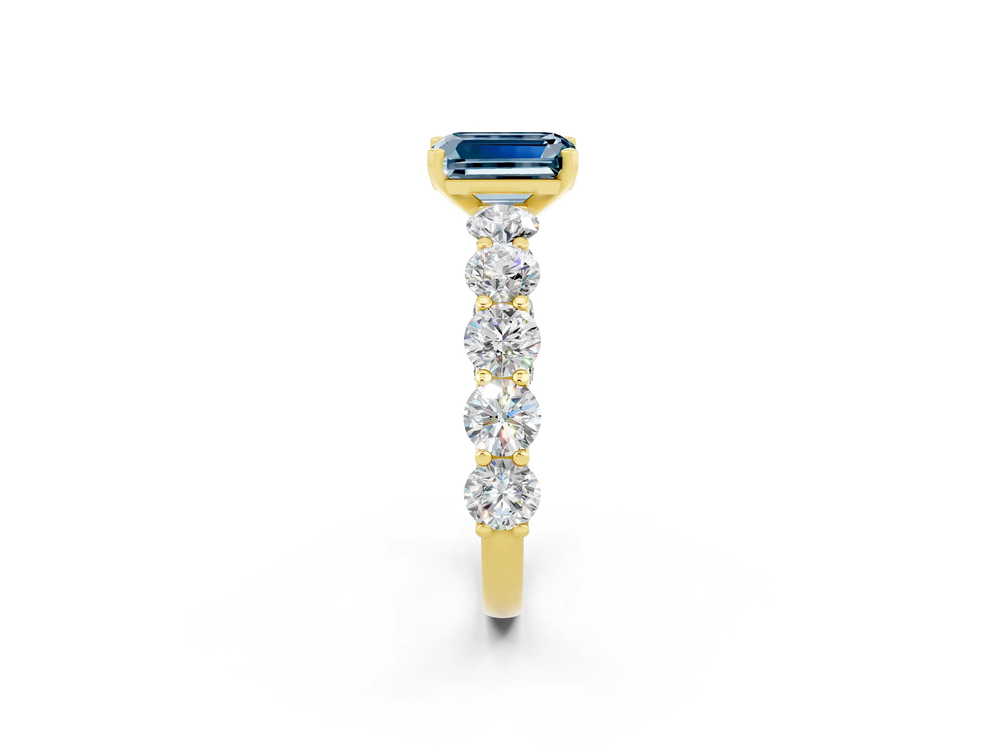 Yellow gold Emerald Cut Aquamarine Prong Setting with Side Stones on a Pave Band_2