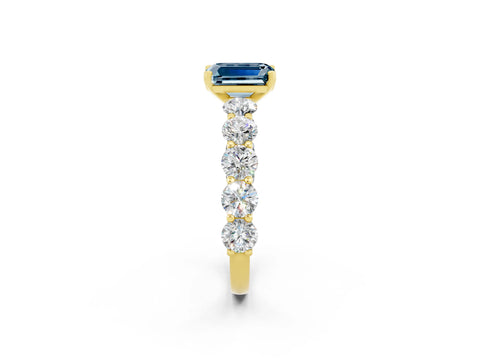 Yellow gold Emerald Cut Aquamarine Prong Setting with Side Stones on a Pave Band_2