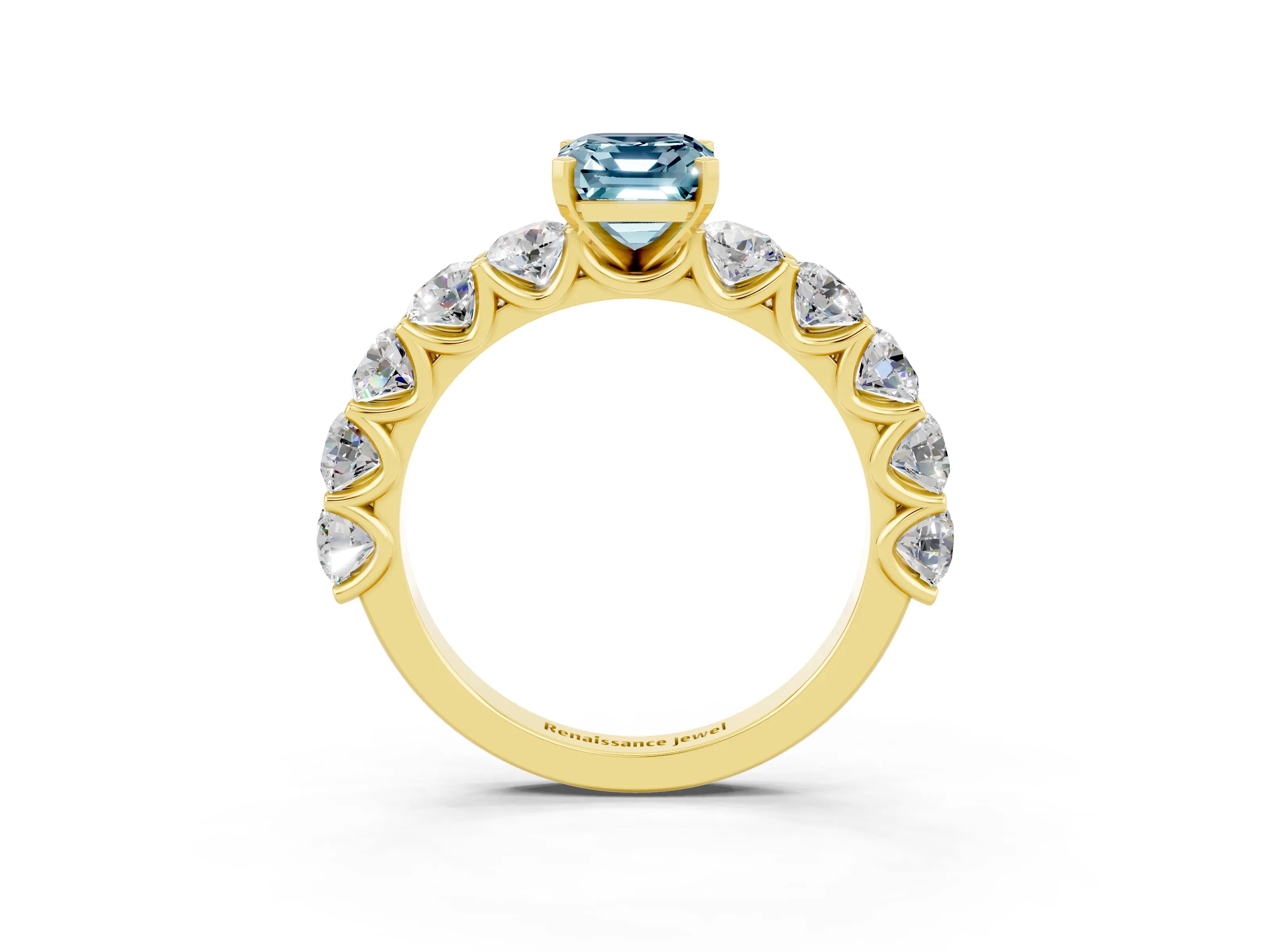 Yellow gold Emerald Cut Aquamarine Prong Setting with Side Stones on a Pave Band_3
