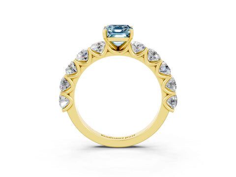 Yellow gold Emerald Cut Aquamarine Prong Setting with Side Stones on a Pave Band_3