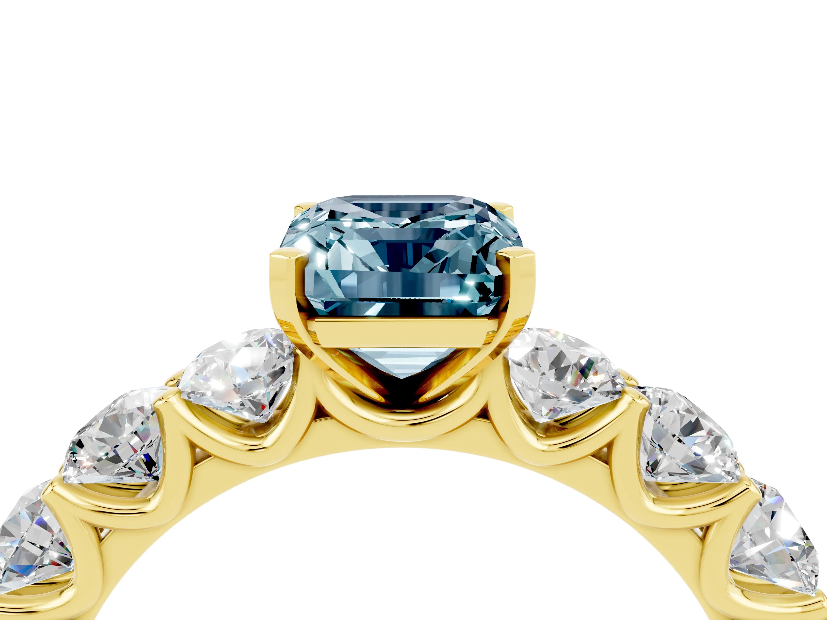 Yellow gold Emerald Cut Aquamarine Prong Setting with Side Stones on a Pave Band_4