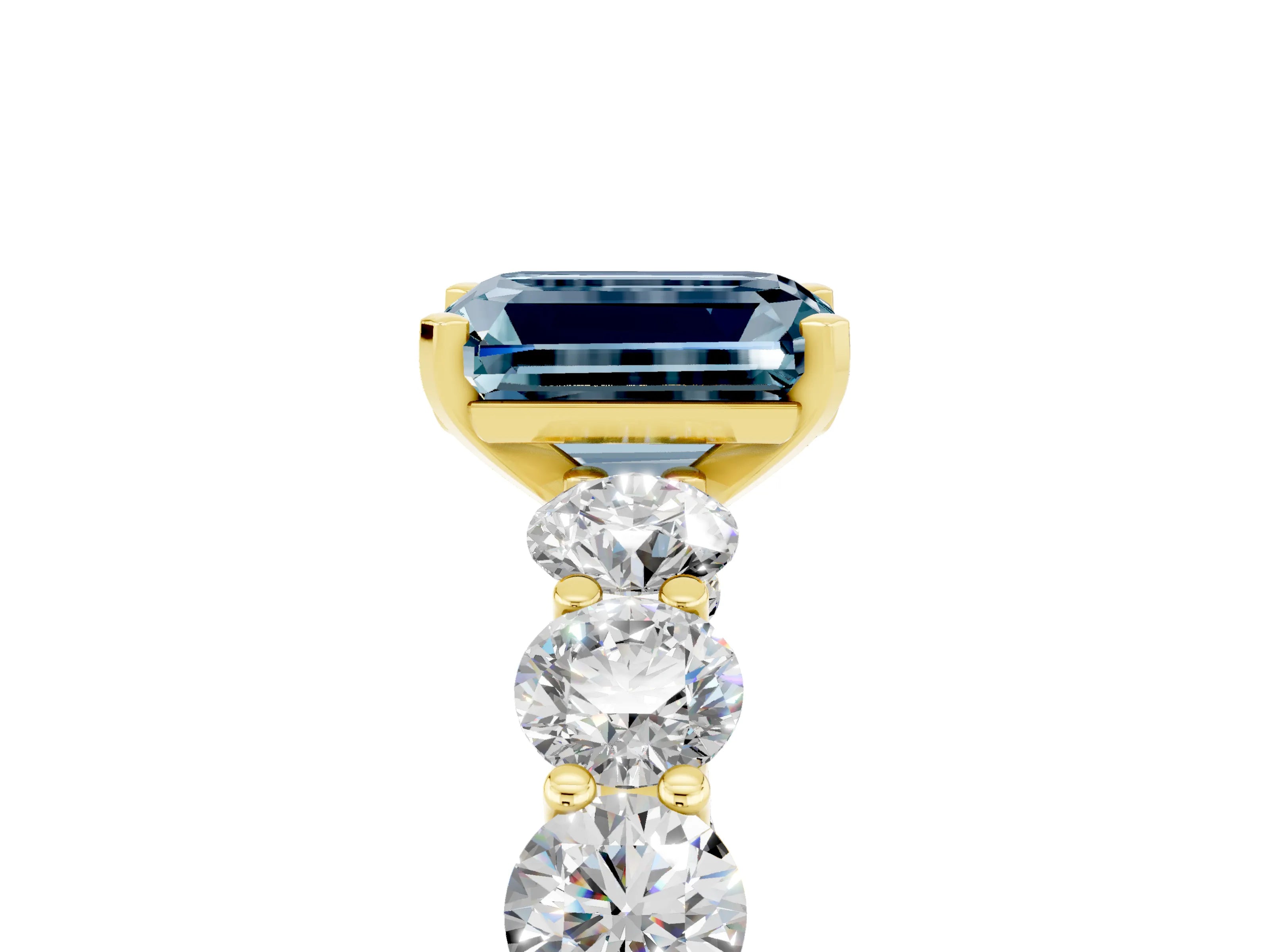 Yellow gold Emerald Cut Aquamarine Prong Setting with Side Stones on a Pave Band_5