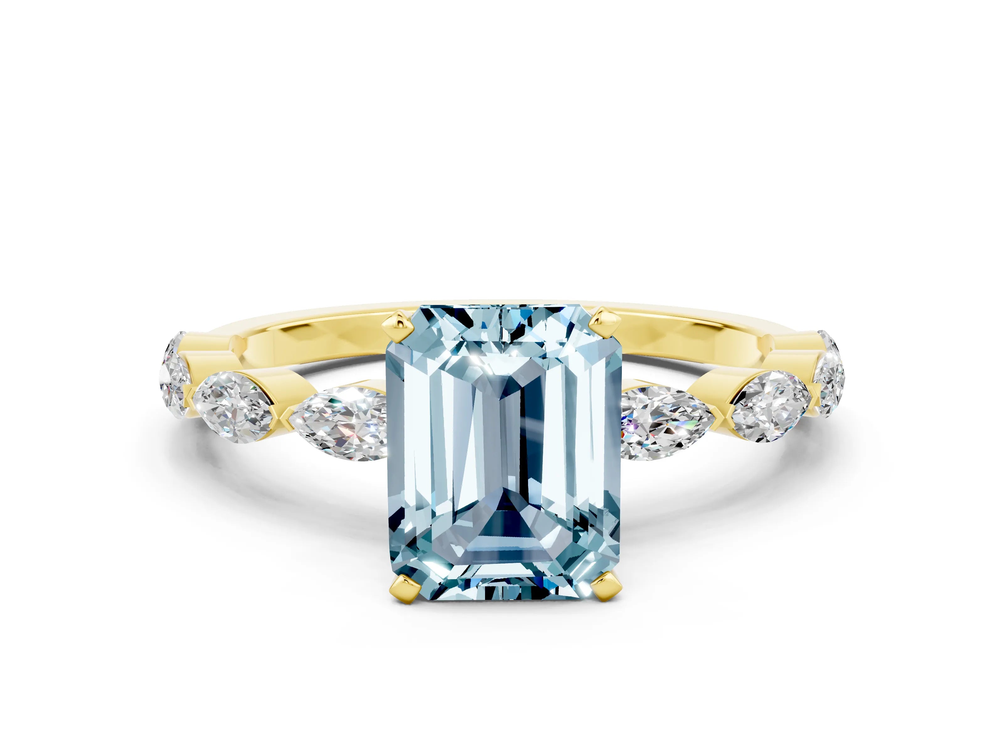 Yellow gold Emerald Cut Aquamarine Ring with Marquise Side Stones and Prong Setting