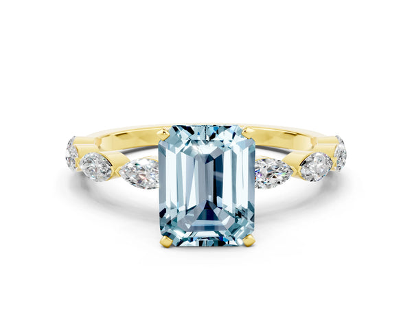 Yellow gold Emerald Cut Aquamarine Ring with Marquise Side Stones and Prong Setting