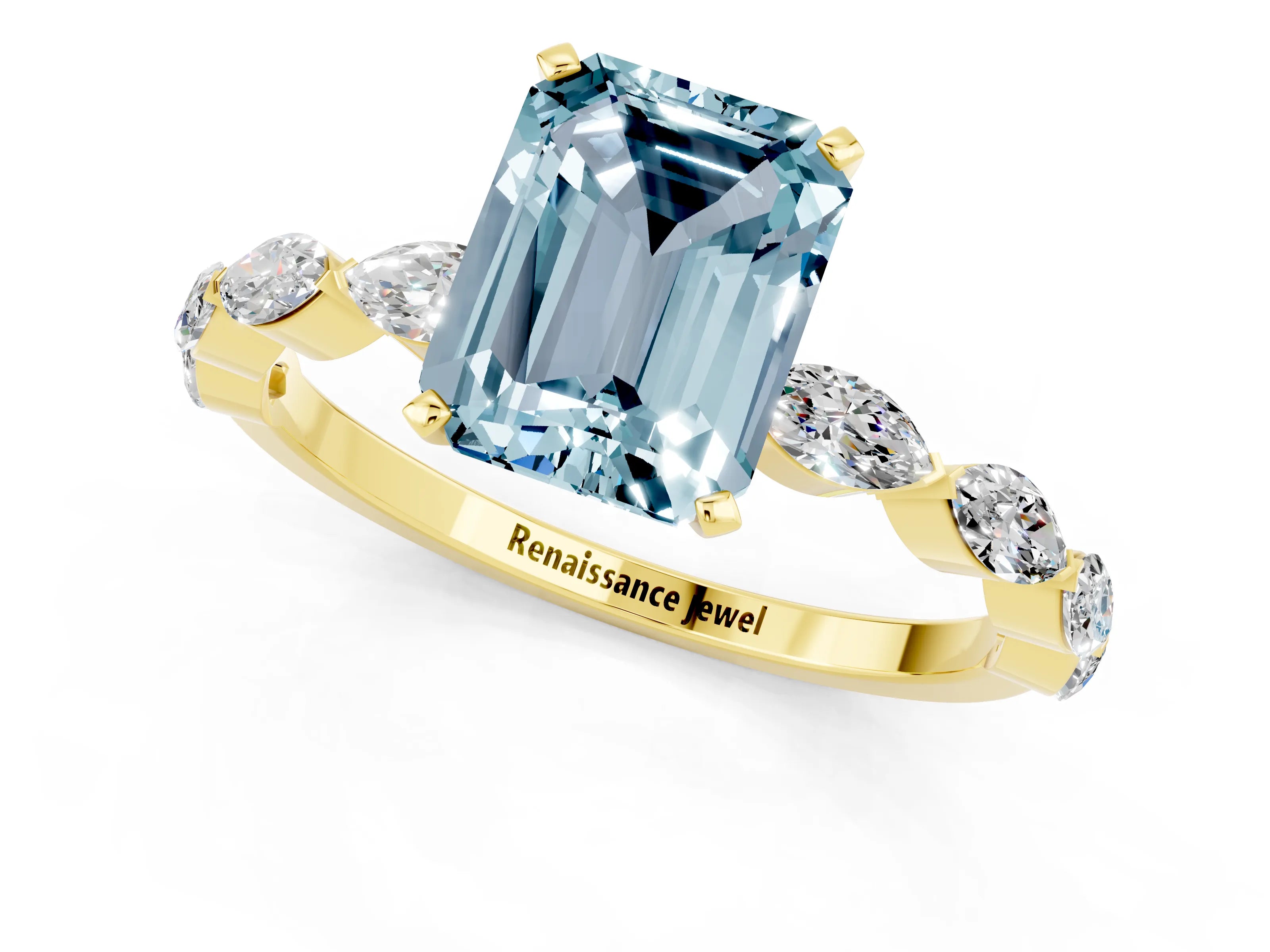 Yellow gold Emerald Cut Aquamarine Ring with Marquise Side Stones and Prong Setting_1