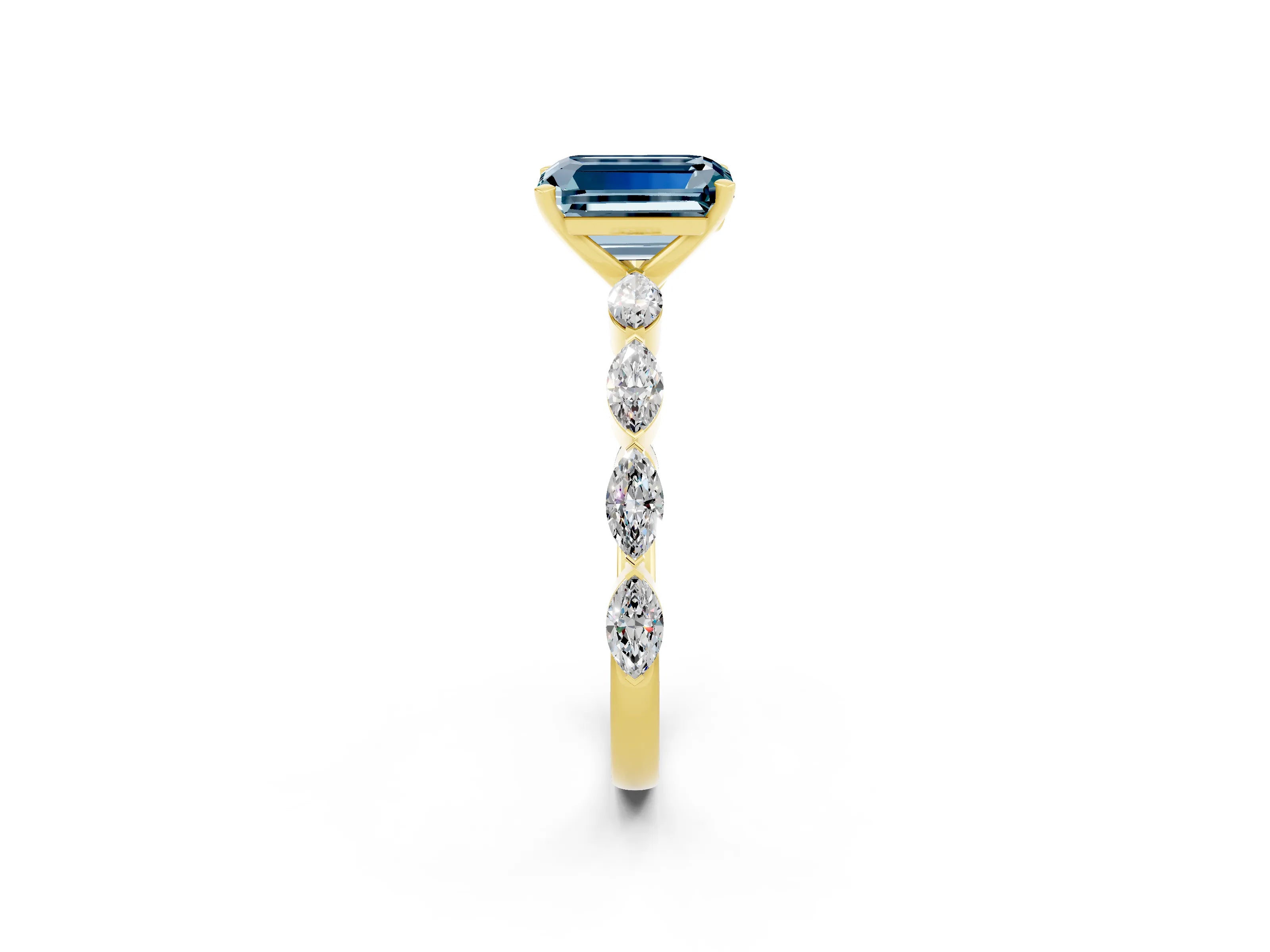 Yellow gold Emerald Cut Aquamarine Ring with Marquise Side Stones and Prong Setting_2