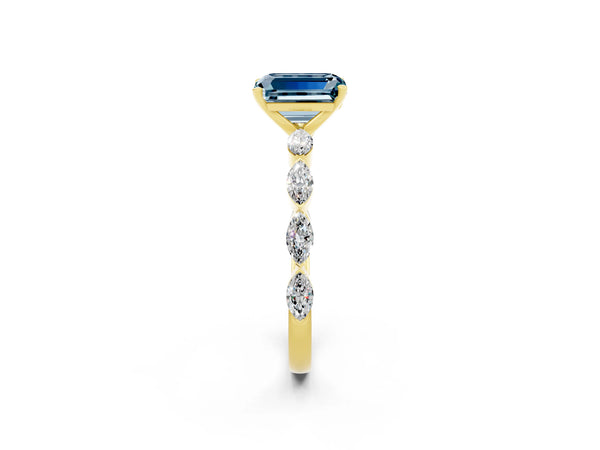 Yellow gold Emerald Cut Aquamarine Ring with Marquise Side Stones and Prong Setting