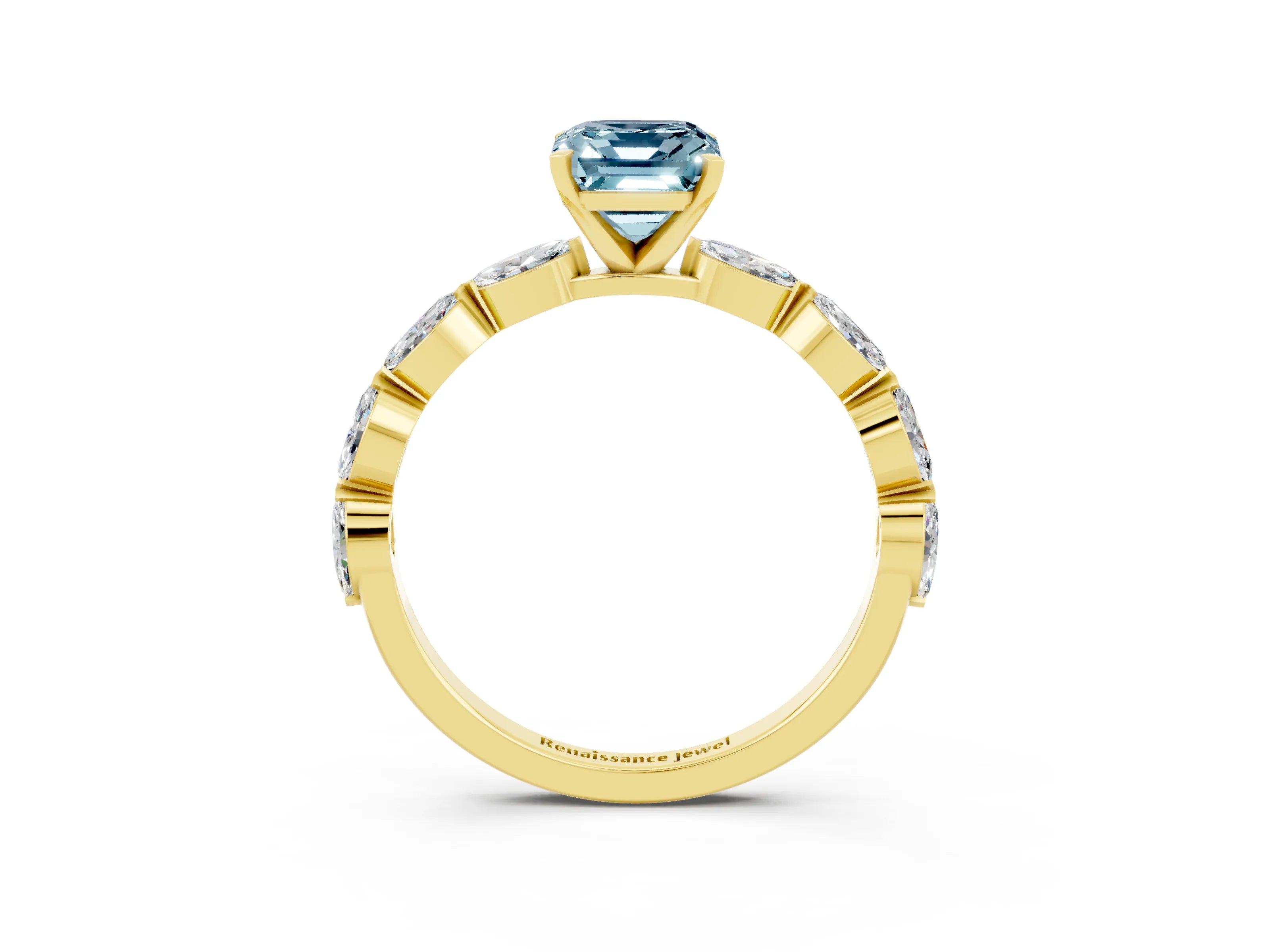 Yellow gold Emerald Cut Aquamarine Ring with Marquise Side Stones and Prong Setting_3