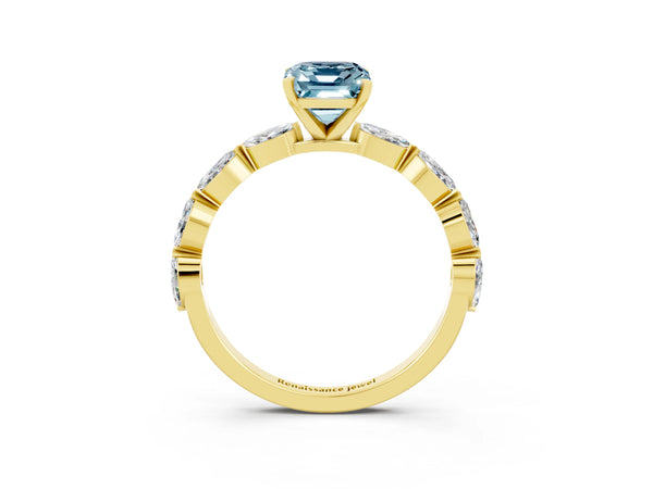 Yellow gold Emerald Cut Aquamarine Ring with Marquise Side Stones and Prong Setting