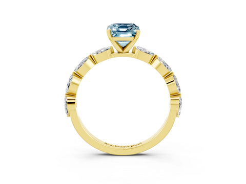 Yellow gold Emerald Cut Aquamarine Ring with Marquise Side Stones and Prong Setting_3
