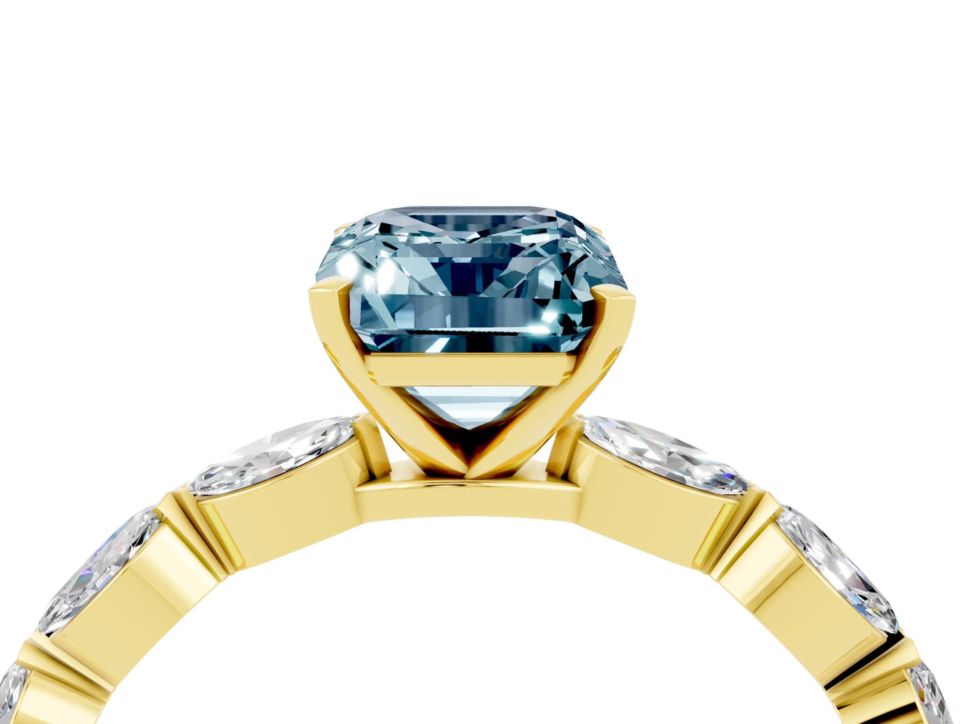 Yellow gold Emerald Cut Aquamarine Ring with Marquise Side Stones and Prong Setting_4