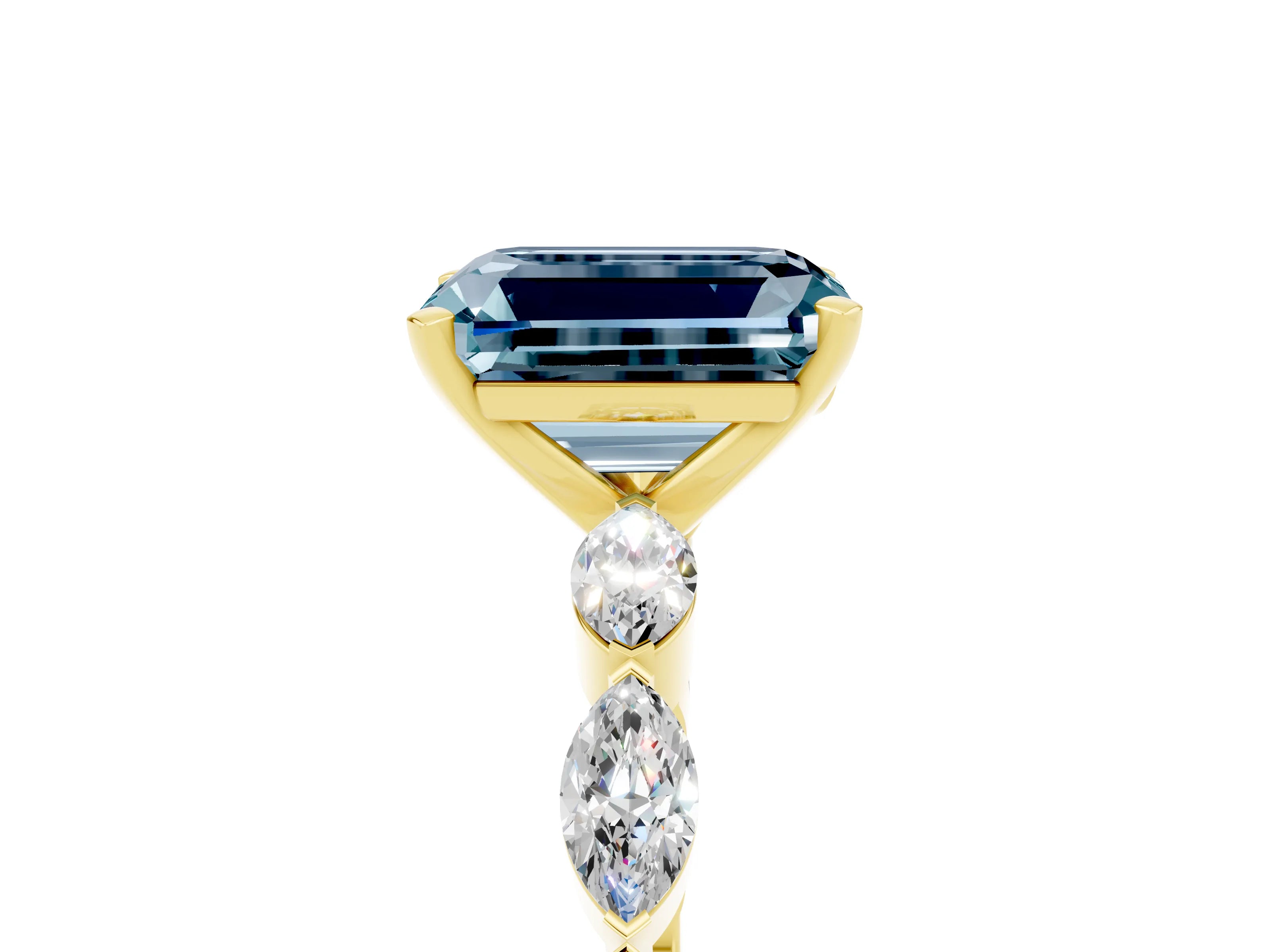 Yellow gold Emerald Cut Aquamarine Ring with Marquise Side Stones and Prong Setting_5