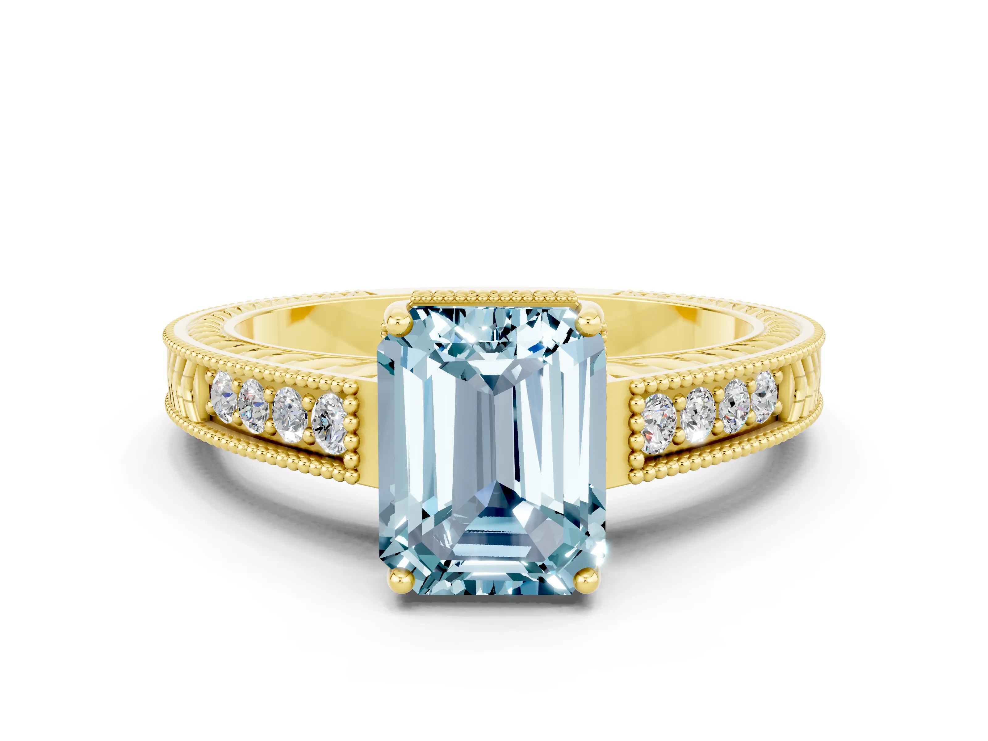 Yellow gold Emerald Cut Aquamarine Ring with Milgrain Pavé Band and Four-Prong Setting_12