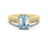 Yellow gold Emerald Cut Aquamarine Ring with Milgrain Pavé Band and Four-Prong Setting_12