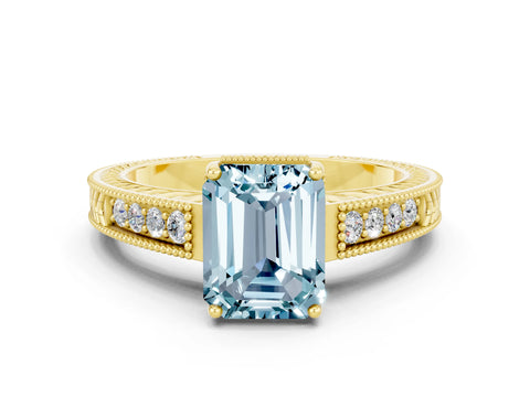 Yellow gold Emerald Cut Aquamarine Ring with Milgrain Pavé Band and Four-Prong Setting_12
