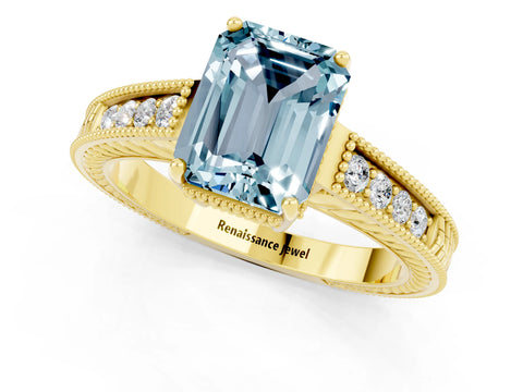 Yellow gold Emerald Cut Aquamarine Ring with Milgrain Pavé Band and Four-Prong Setting_13