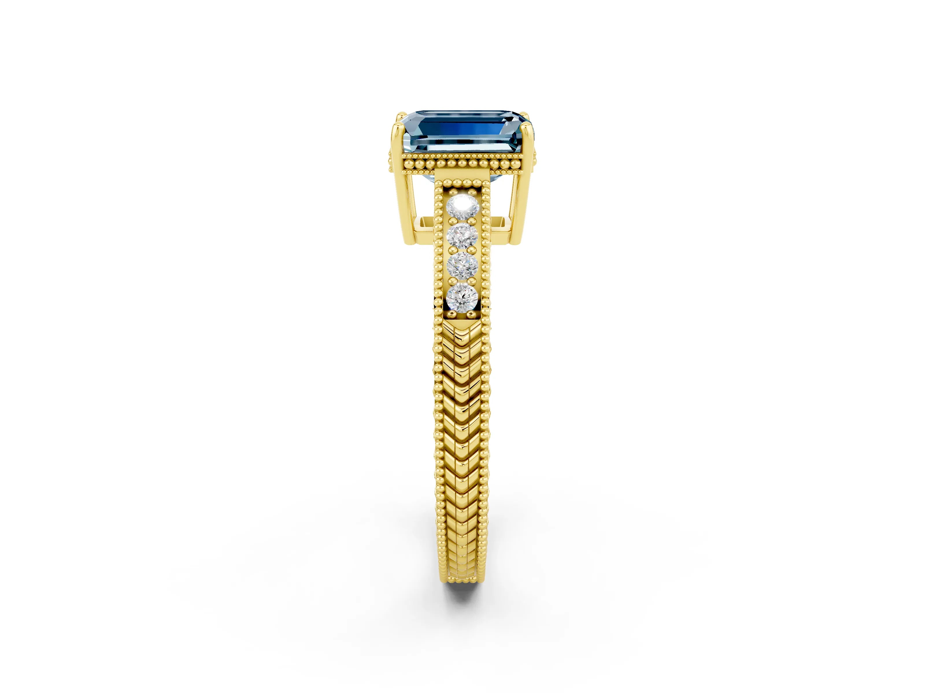 Yellow gold Emerald Cut Aquamarine Ring with Milgrain Pavé Band and Four-Prong Setting_14