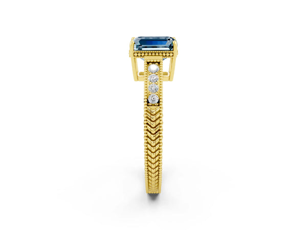 Yellow gold Emerald Cut Aquamarine Ring with Milgrain Pavé Band and Four-Prong Setting