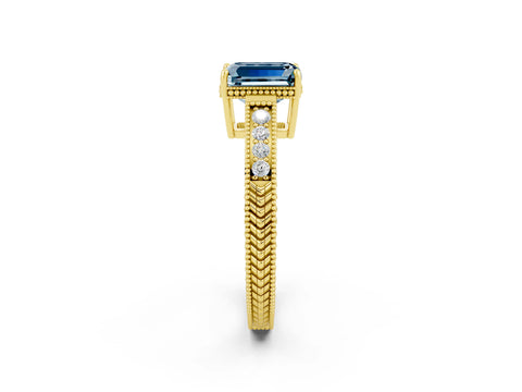 Yellow gold Emerald Cut Aquamarine Ring with Milgrain Pavé Band and Four-Prong Setting_14