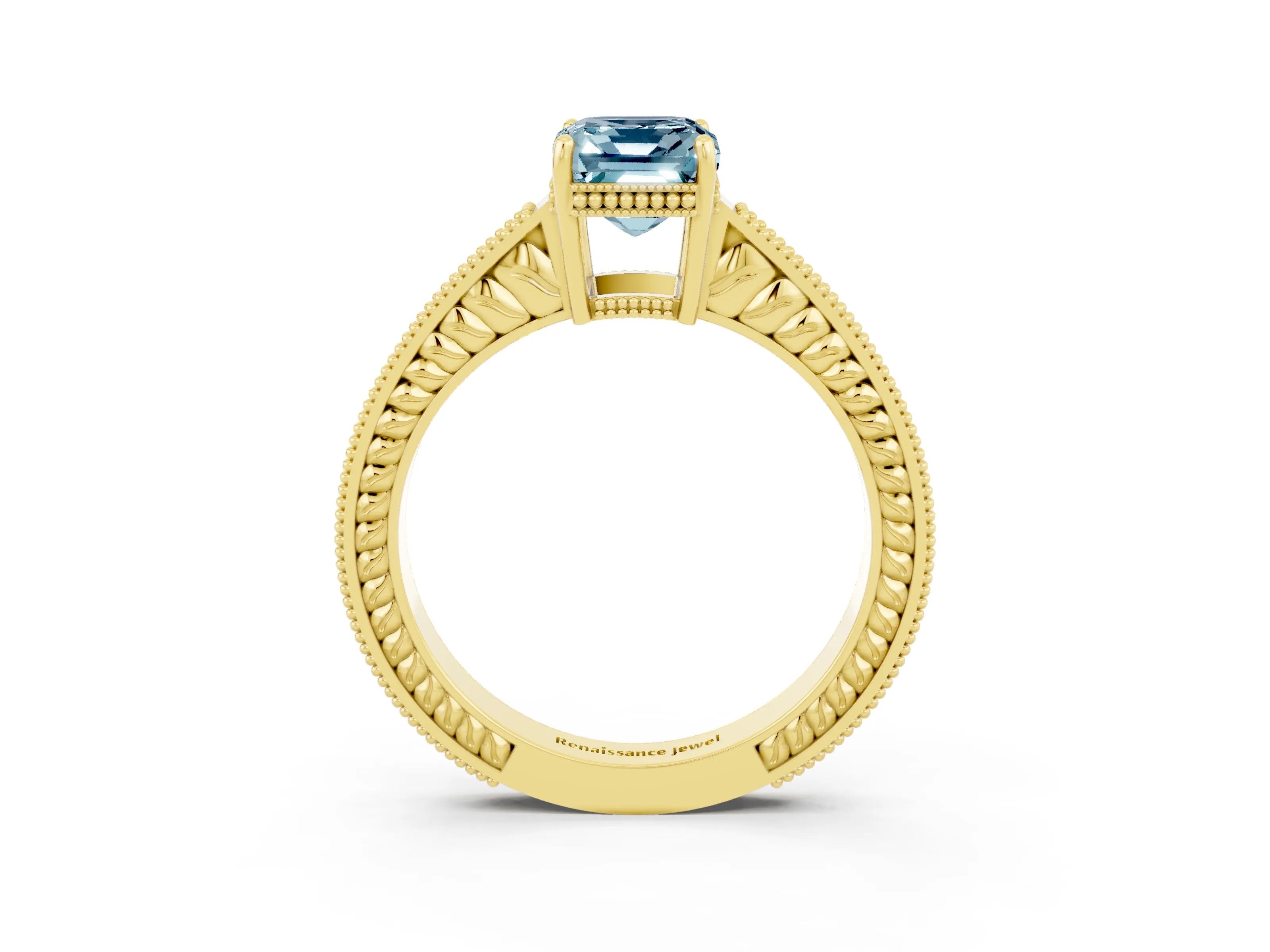 Yellow gold Emerald Cut Aquamarine Ring with Milgrain Pavé Band and Four-Prong Setting_15