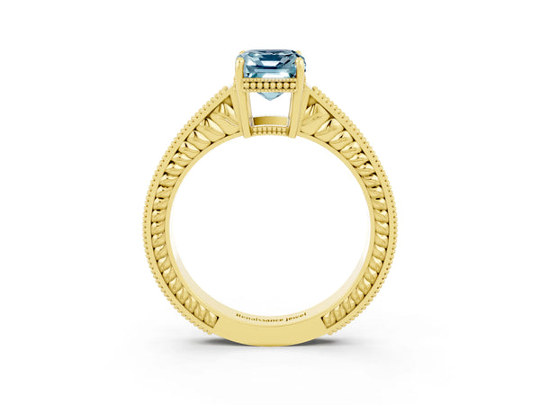 Yellow gold Emerald Cut Aquamarine Ring with Milgrain Pavé Band and Four-Prong Setting