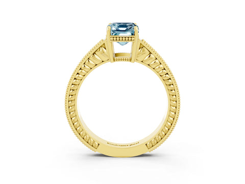 Yellow gold Emerald Cut Aquamarine Ring with Milgrain Pavé Band and Four-Prong Setting_15
