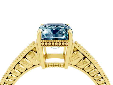 Yellow gold Emerald Cut Aquamarine Ring with Milgrain Pavé Band and Four-Prong Setting_16