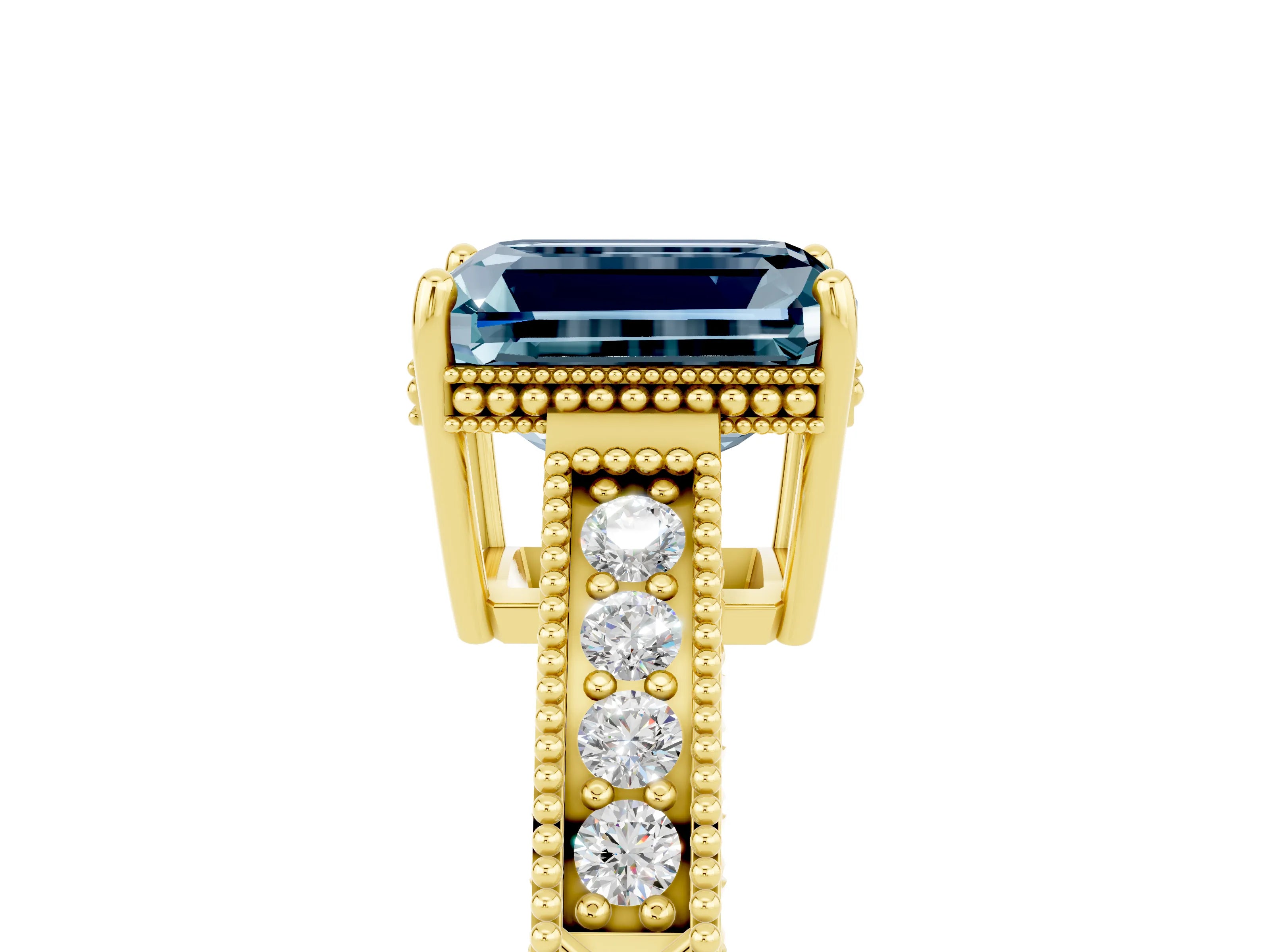 Yellow gold Emerald Cut Aquamarine Ring with Milgrain Pavé Band and Four-Prong Setting_17