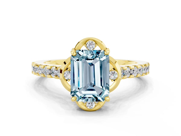 Yellow gold Emerald Cut Aquamarine Ring with Pavé Band and Floral Prong Setting