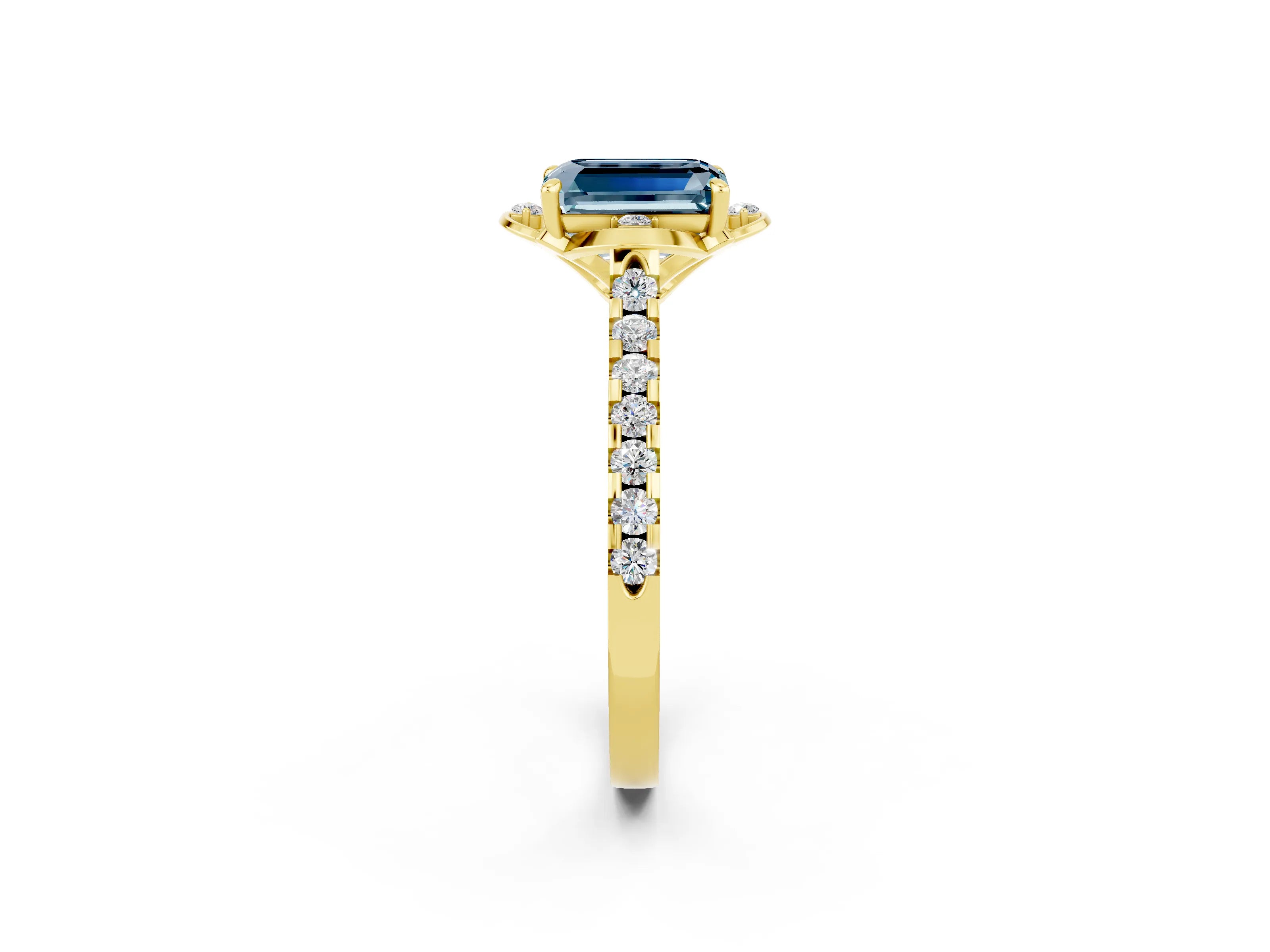 Yellow gold Emerald Cut Aquamarine Ring with Pavé Band and Floral Prong Setting_2