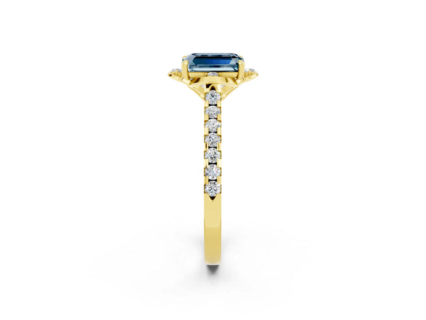 Yellow gold Emerald Cut Aquamarine Ring with Pavé Band and Floral Prong Setting