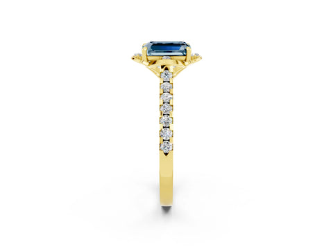 Yellow gold Emerald Cut Aquamarine Ring with Pavé Band and Floral Prong Setting_2