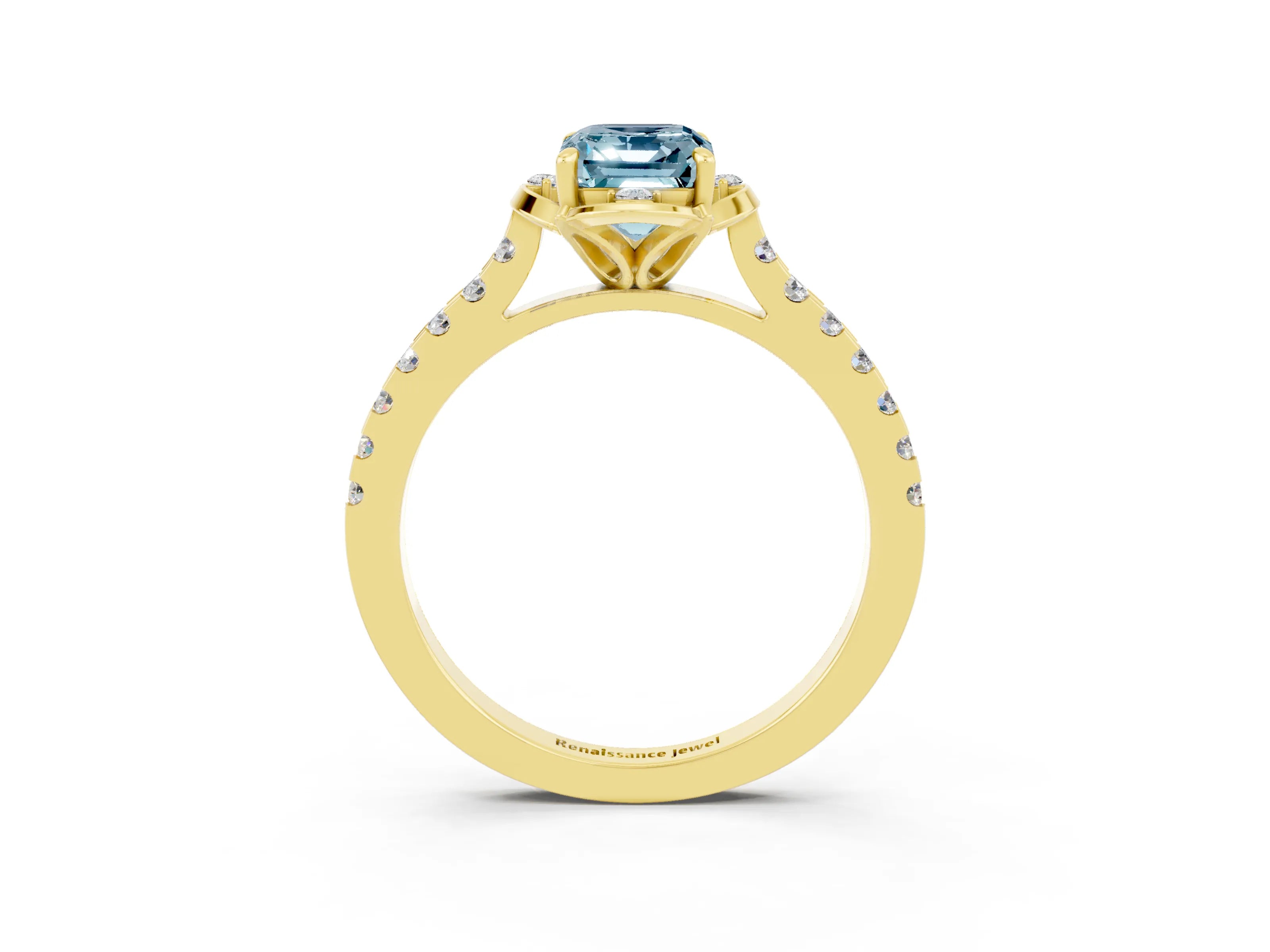 Yellow gold Emerald Cut Aquamarine Ring with Pavé Band and Floral Prong Setting_3