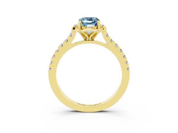 Yellow gold Emerald Cut Aquamarine Ring with Pavé Band and Floral Prong Setting
