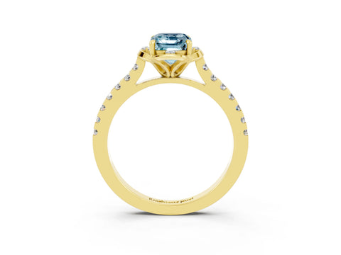 Yellow gold Emerald Cut Aquamarine Ring with Pavé Band and Floral Prong Setting_3