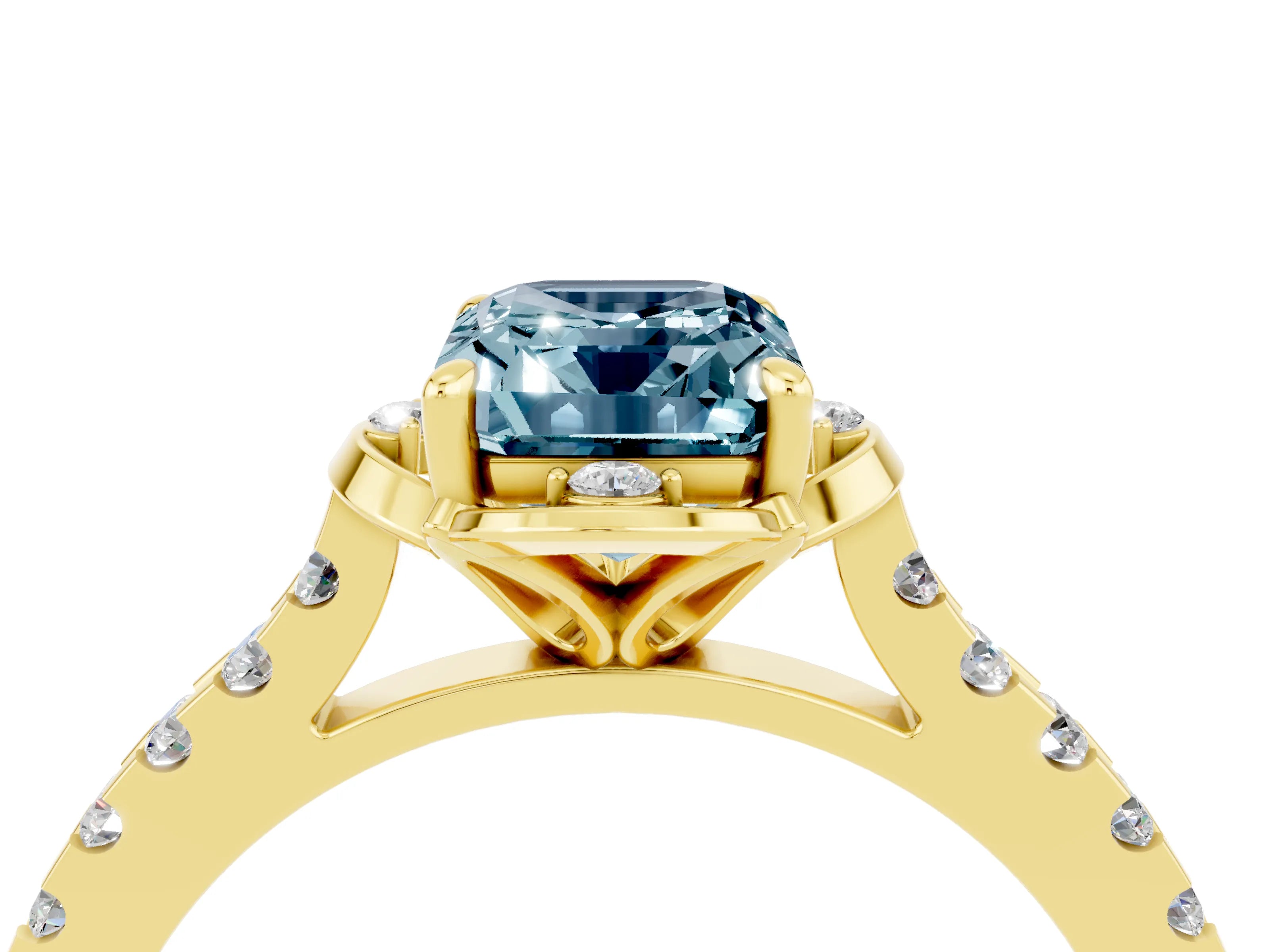 Yellow gold Emerald Cut Aquamarine Ring with Pavé Band and Floral Prong Setting_4