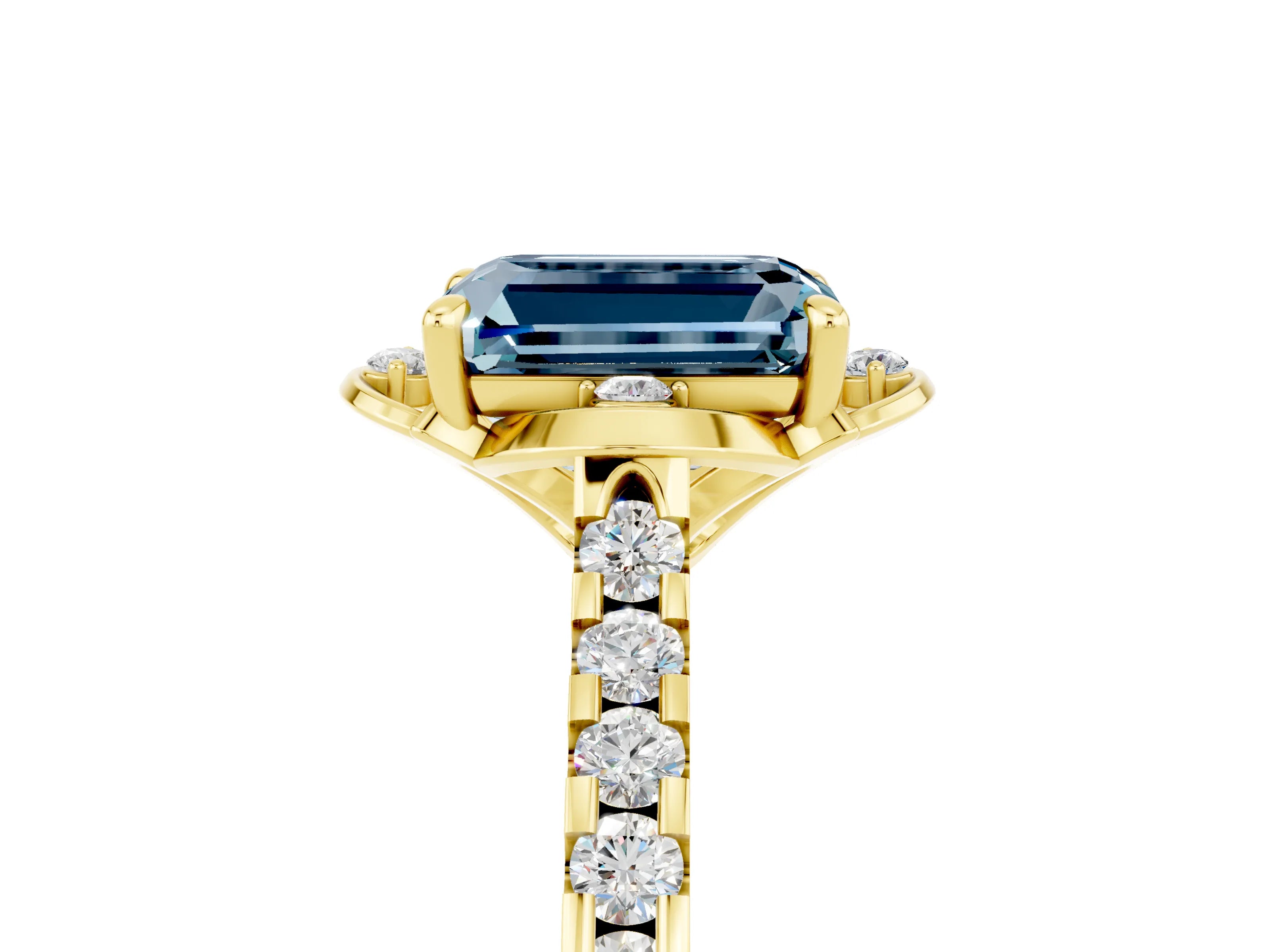 Yellow gold Emerald Cut Aquamarine Ring with Pavé Band and Floral Prong Setting_5