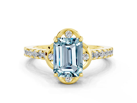 Yellow gold Emerald Cut Aquamarine Ring with Pavé Band and Floral Prong Setting