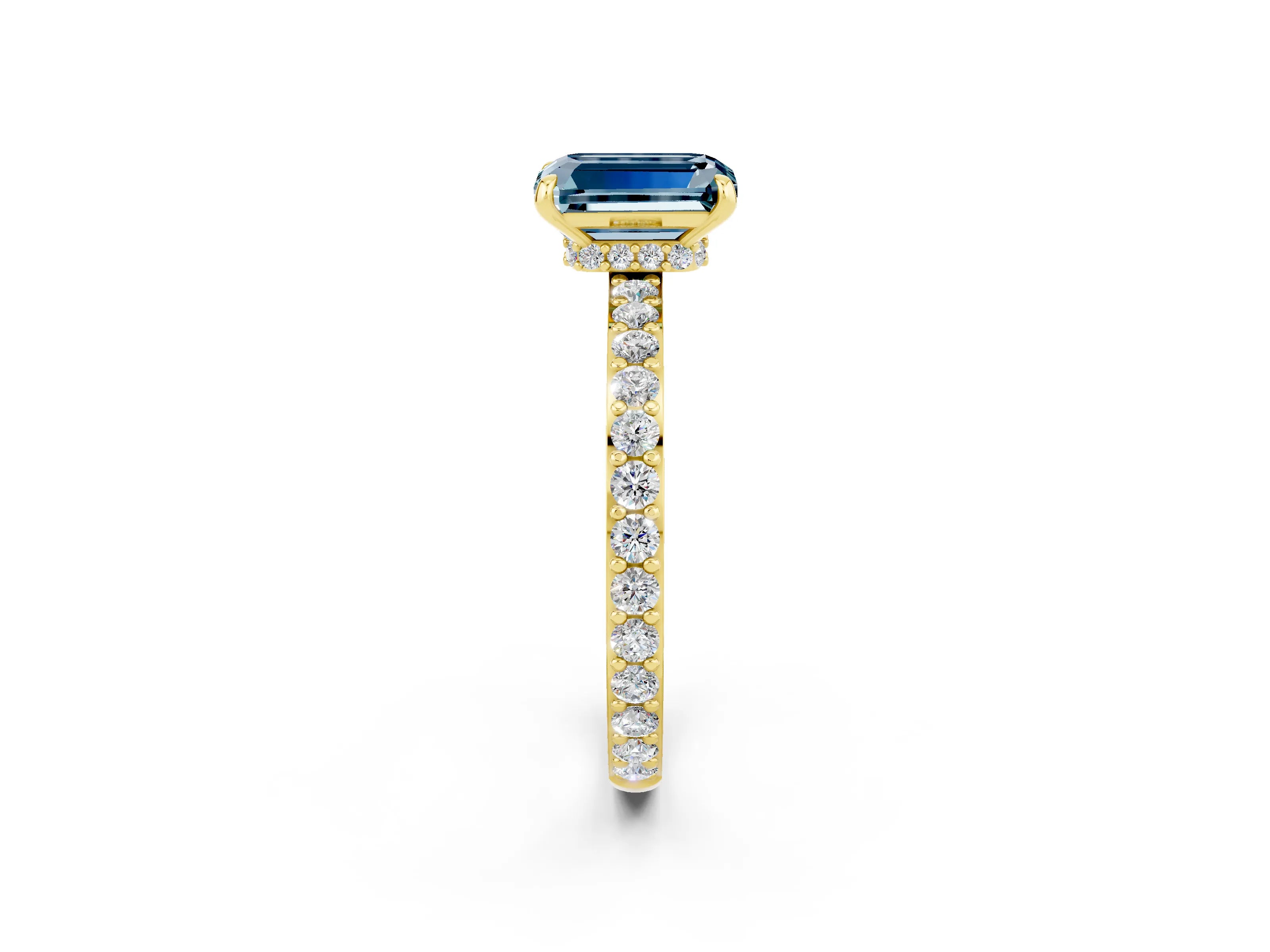 Yellow gold Emerald Cut Aquamarine Ring with Pavé Band and Four-Prong Setting_2