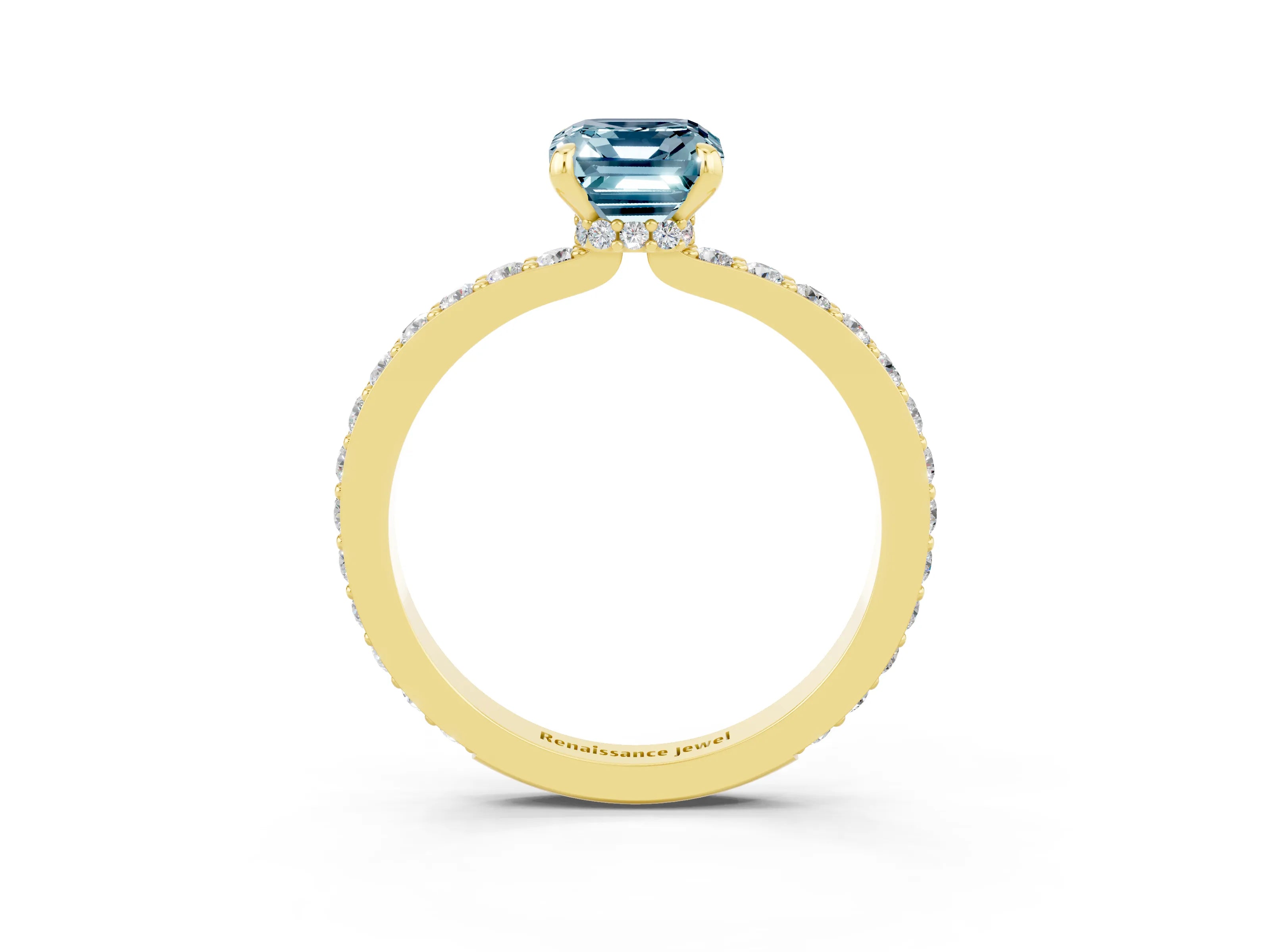 Yellow gold Emerald Cut Aquamarine Ring with Pavé Band and Four-Prong Setting_3