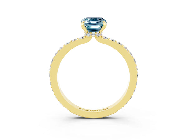Yellow gold Emerald Cut Aquamarine Pavé Engagement Ring with Round  Accents and Prong Setting